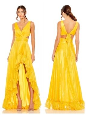 Ieena Mac Duggal | 49526 Marigold Yellow Cut Out High Low Ruffle Gown | 4 | NWT